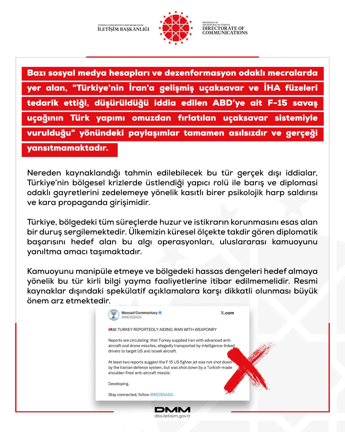 Cumhurbaşkanlığı İletişim Başkanlığı Dezenformasyonla Mücadele Merkezi açıklama yapıyor. Dezenformasyonla Mücadele Merkezi, bölgesel gerilimi artırma iddiasını yalanladı.